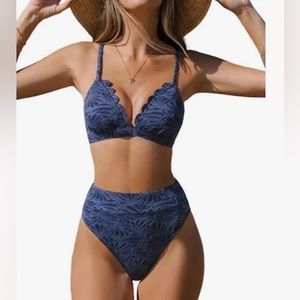 NWT Cupshe Swim Floral Jacquard Scalloped Bralette & High Waist Bikini Set - M
